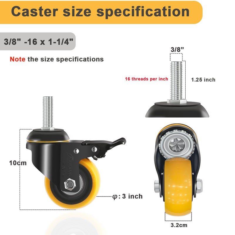 Julang 3 inch Caster Wheels, 3/8 Threaded stem Casters Set of 4 Heavy Duty, (Thread 3/8"-16 x1.25, Load Capacity 2000 lbs), Thread Stem Casters for Wire Shelving,Furniture,Carts - Image 2
